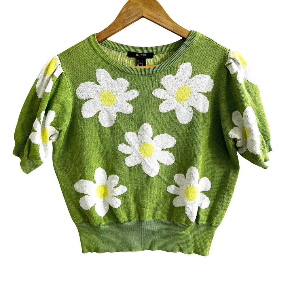 Forever 21 Kids Girls Green Daisy Floral Puff Sleeve Knit Sweater Top Size L